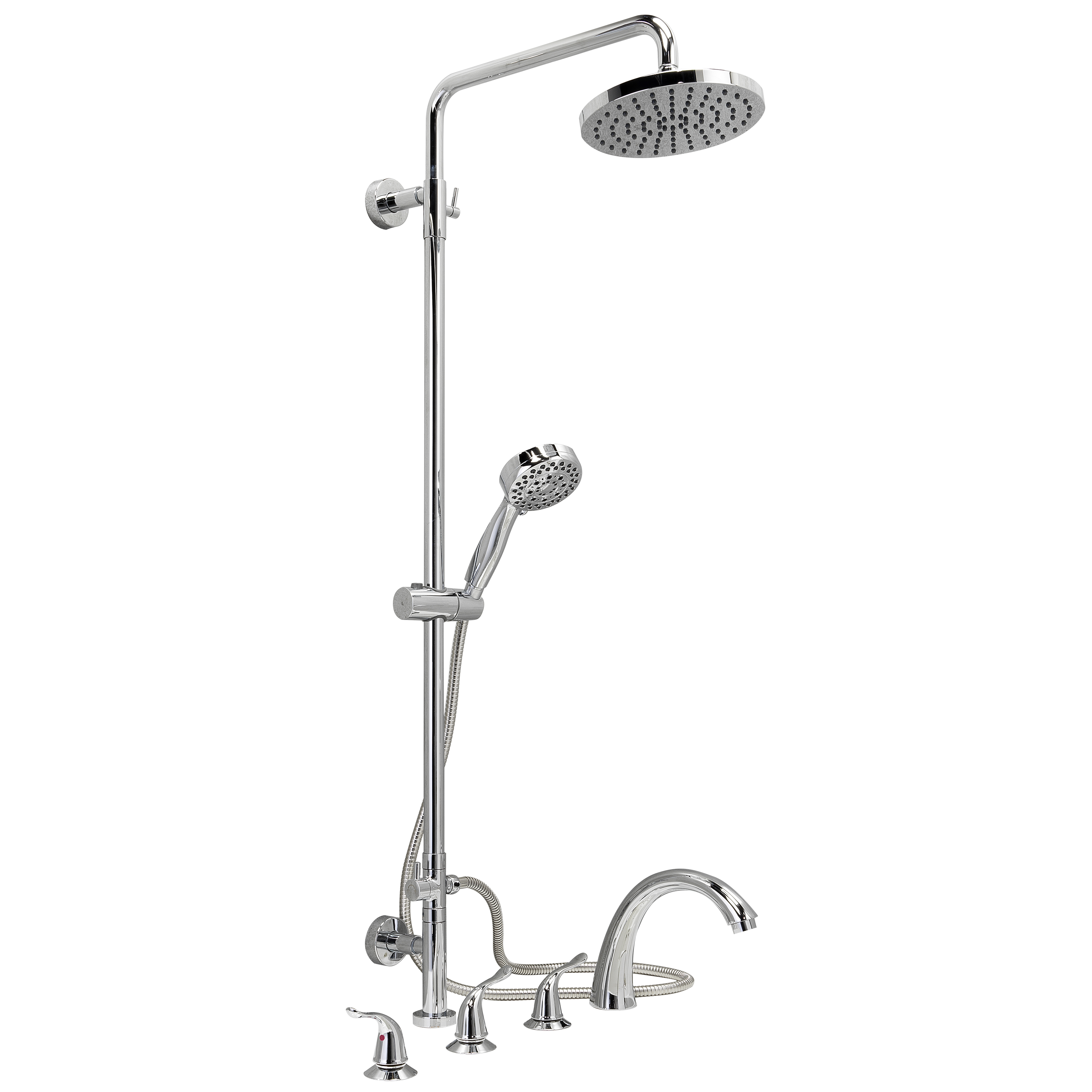 Chrome rain shower system with handheld wand and deck-mount faucet