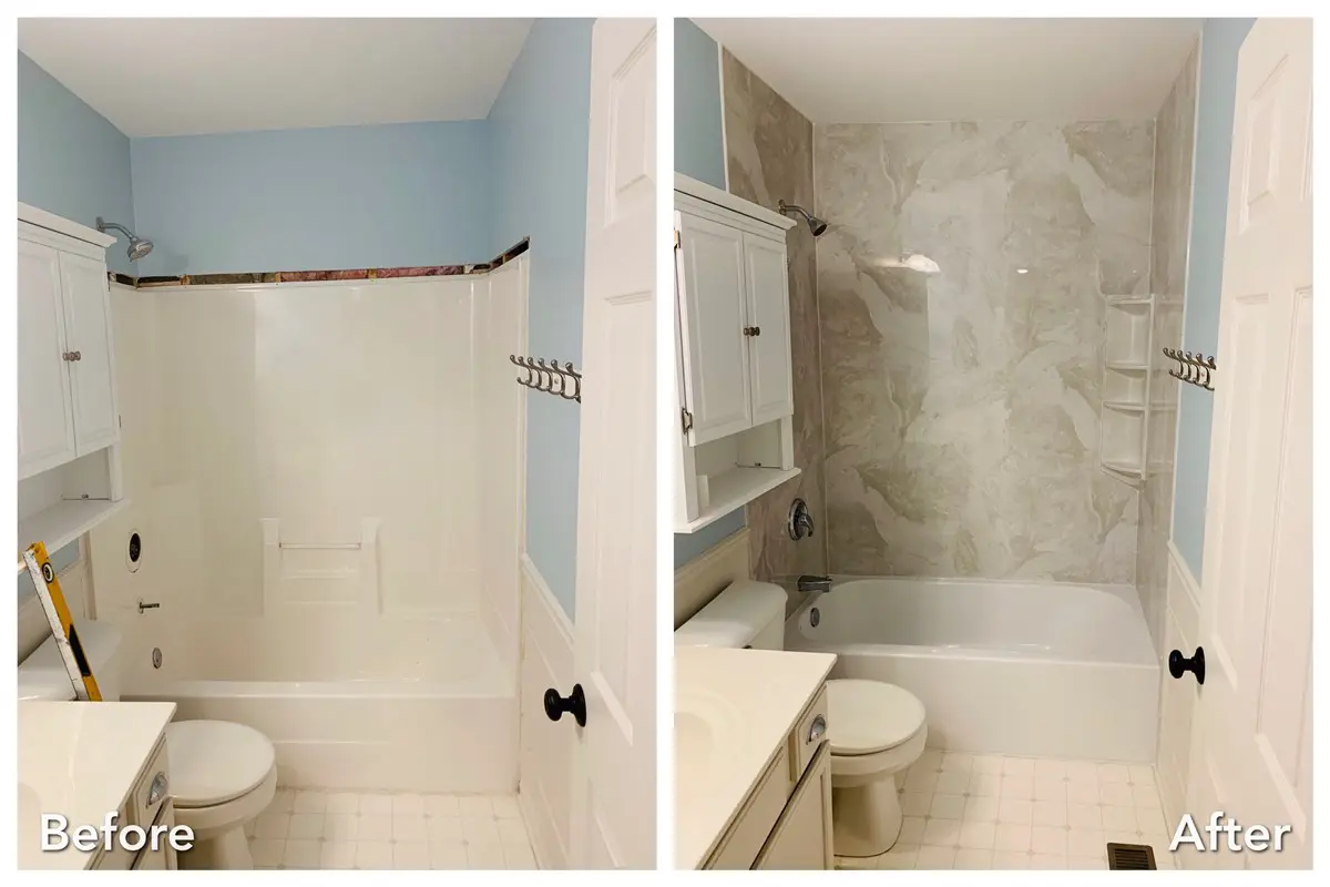Blue bathroom upgraded to marble tub surround in Nassau County — before and after