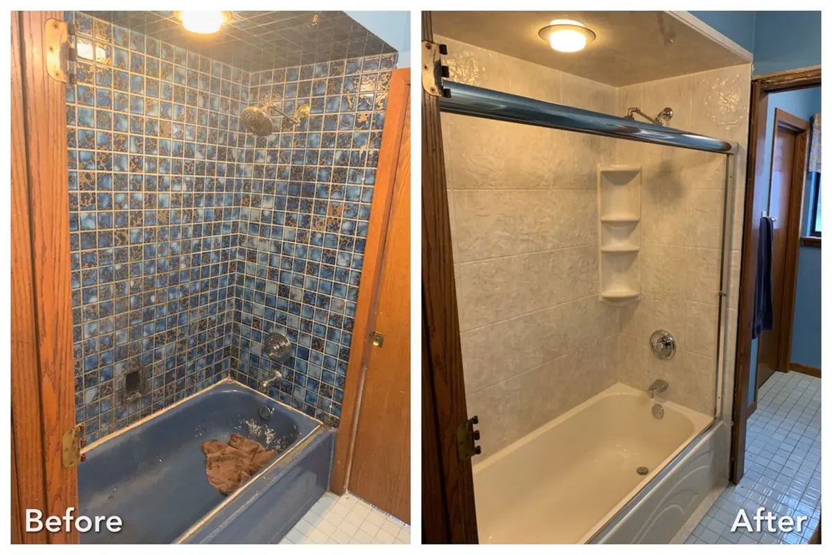 Blue mosaic tile tub replaced with marble tub surround — before and after