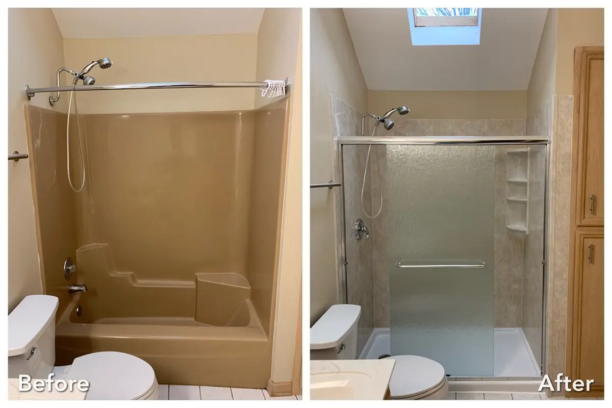 Brown tub converted to stone walk-in shower with frosted glass and skylight — before and after