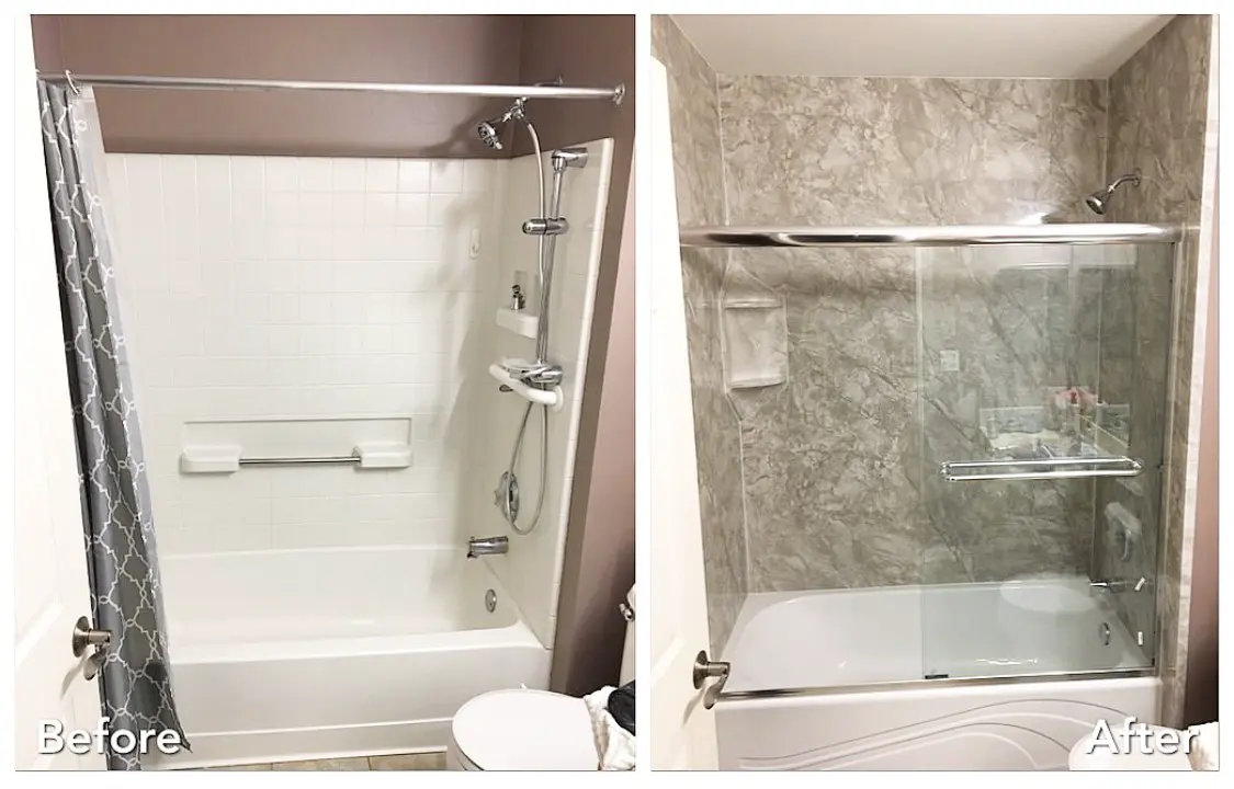 Shower curtain tub upgraded to marble surround with glass doors — before and after
