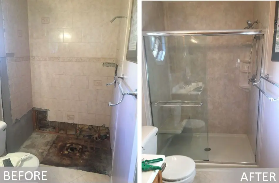 Rotted shower floor rebuilt into glass-enclosed walk-in shower — before and after