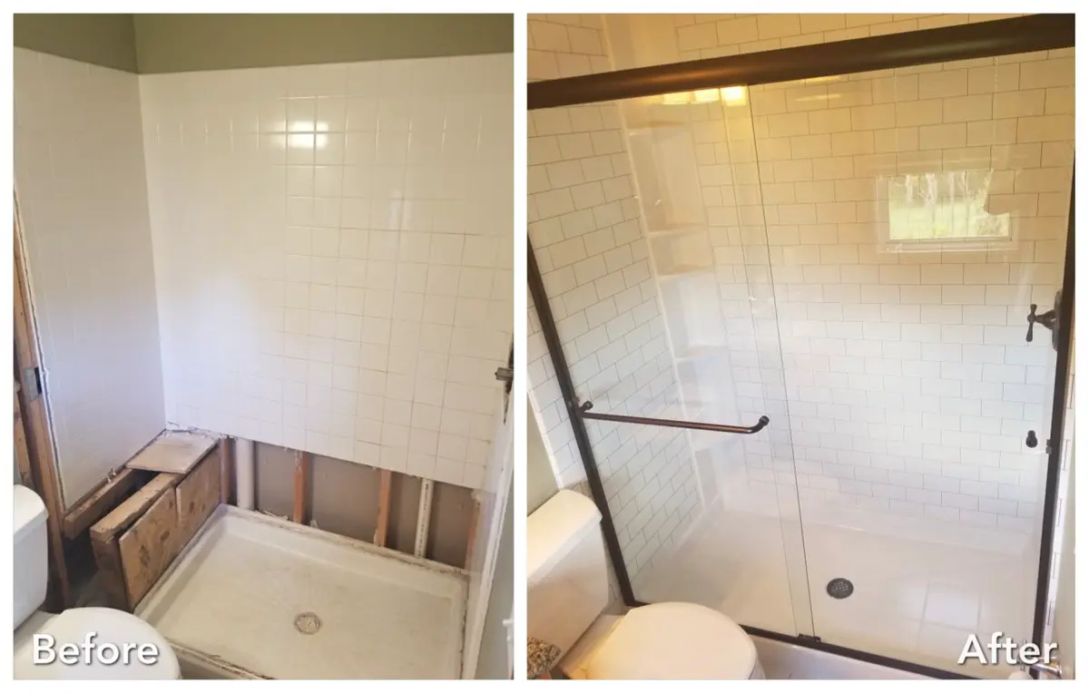 Damaged shower rebuilt with subway tile and dark-framed glass doors — before and after