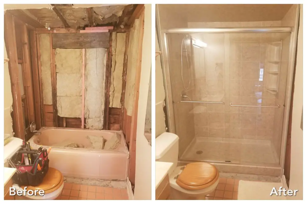Gutted bathroom with exposed framing rebuilt into tile glass-door shower — before and after