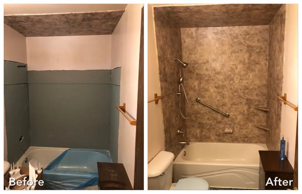 Gutted blue tub rebuilt into stone surround with grab bars — before and after