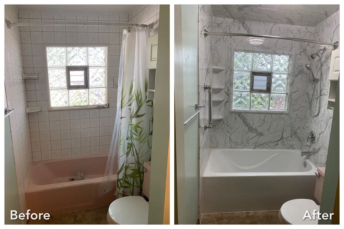 Pink tub upgraded to marble surround with glass block window — before and after