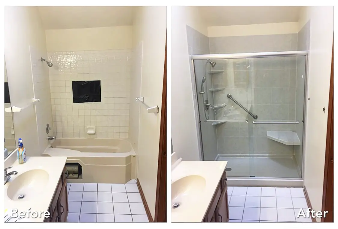 Old tub converted to glass-enclosed shower with bench and grab bars — before and after