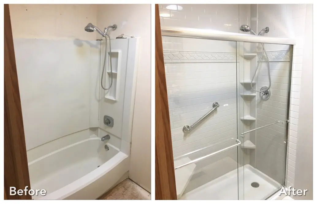 Tub-shower combo upgraded to subway tile shower with glass doors — before and after