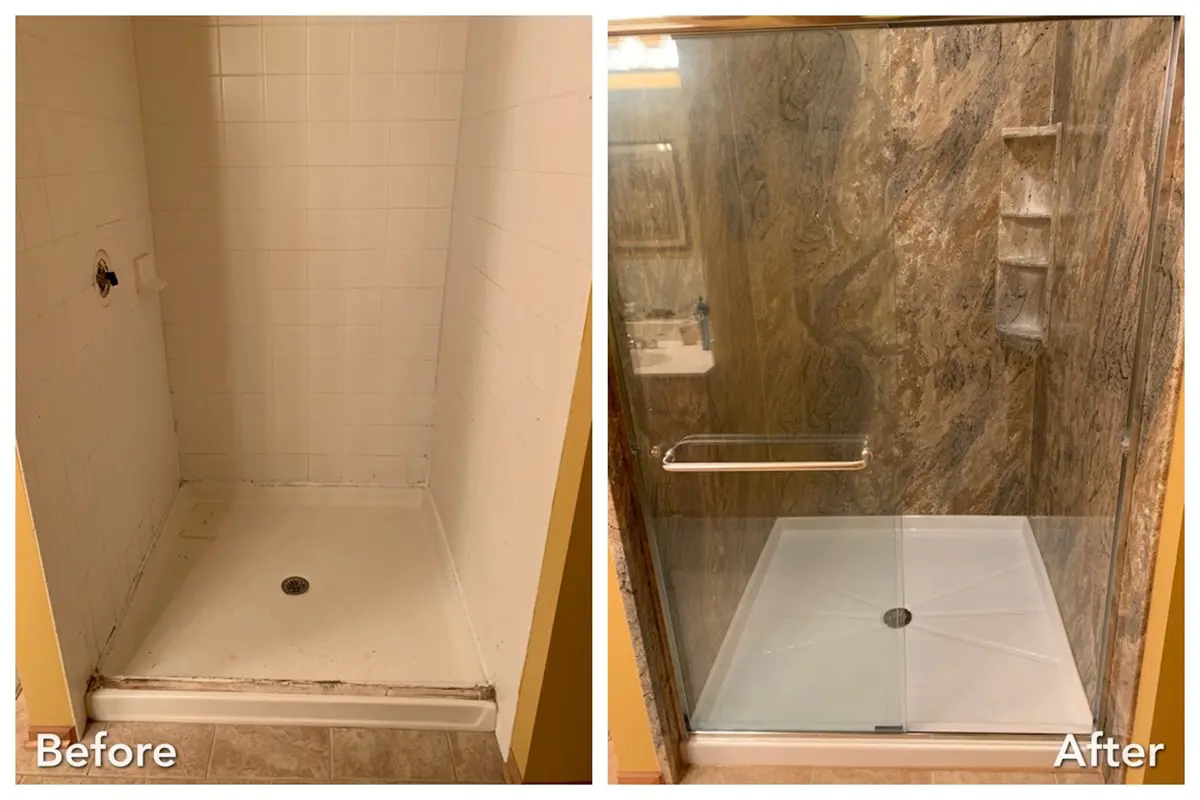 White tile shower upgraded to stone-look walls with glass door — before and after