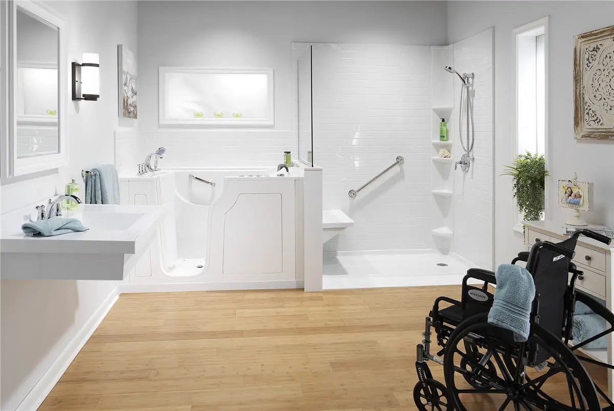 Accessible bathroom with walk-in tub and barrier-free shower by Bath Planet of Metro NY