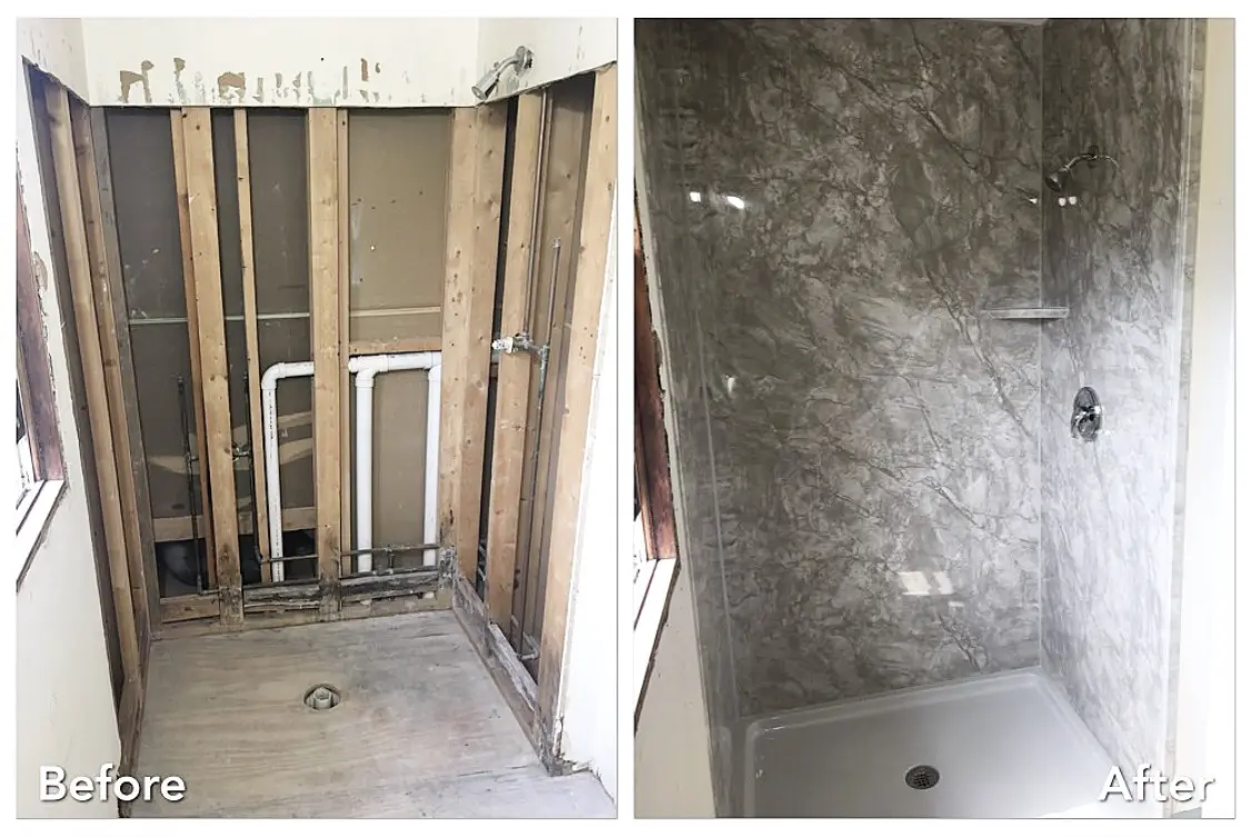 Exposed framing rebuilt into stone-look shower in Hauppauge — before and after