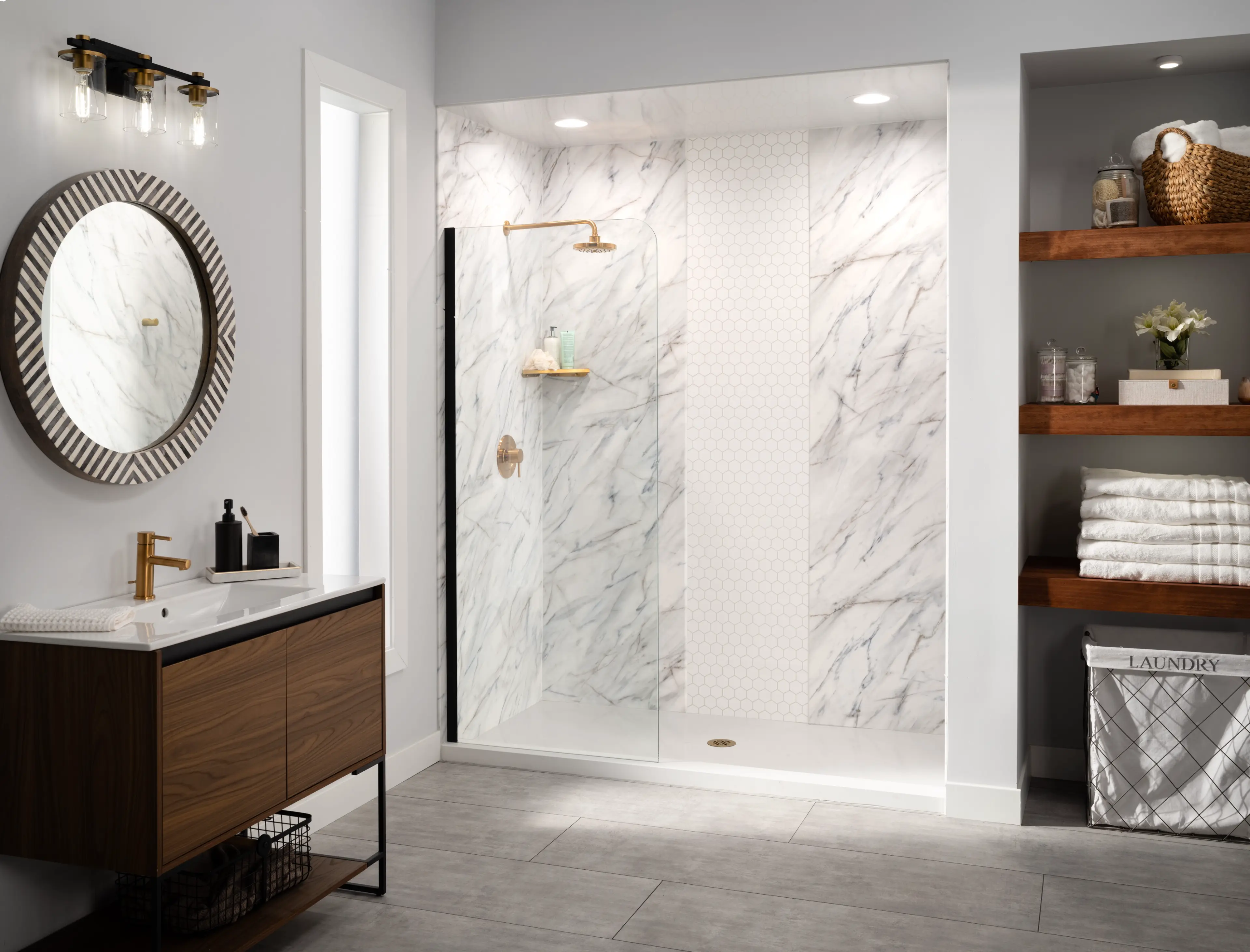 Modern marble walk-in shower with gold fixtures