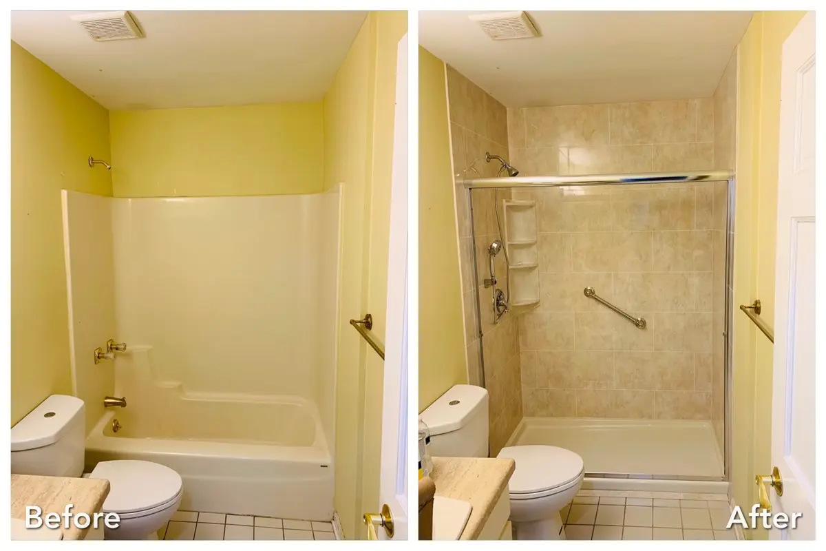 Bathtub converted to stone tile walk-in shower with glass doors — before and after