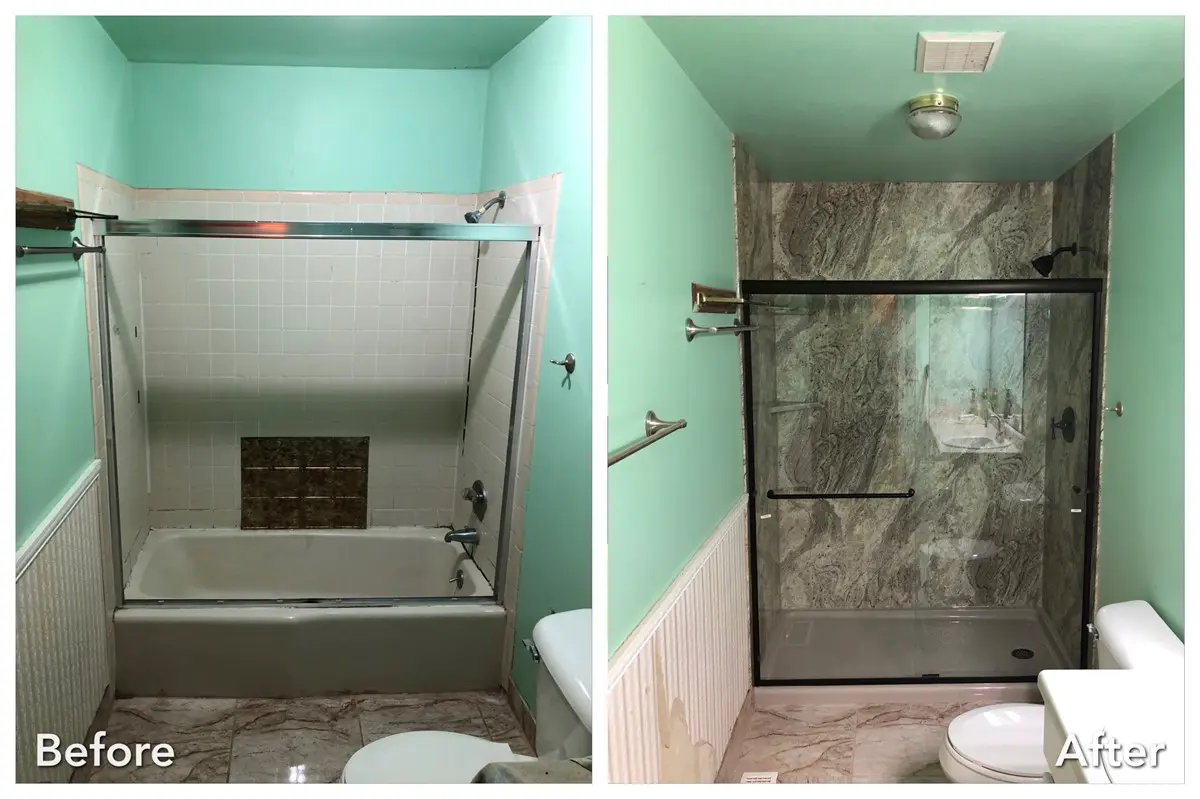 Green tub replaced with stone walk-in shower in Islip — before and after
