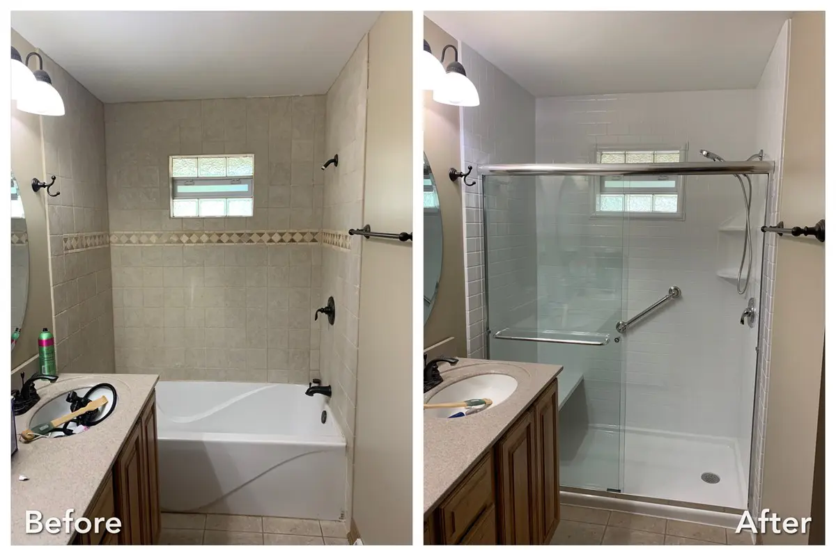 Tiled bathtub converted to walk-in shower with glass door in Huntington — before and after