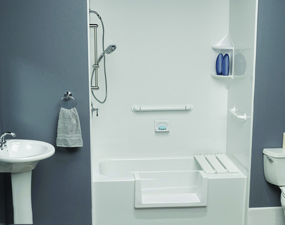 Walk-thru tub cutout with grab bars, handheld shower, and fold-down seat