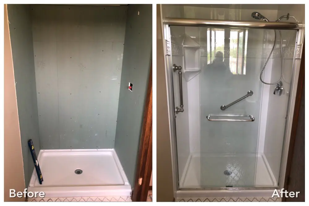 Before and after: Bare Shower Pan to Glass Grab Bar Shower in Oakdale, Suffolk County