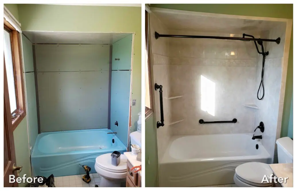 Before and after: Blue Tub to Marble Surround with Black Fixtures in Nesconset, Suffolk County