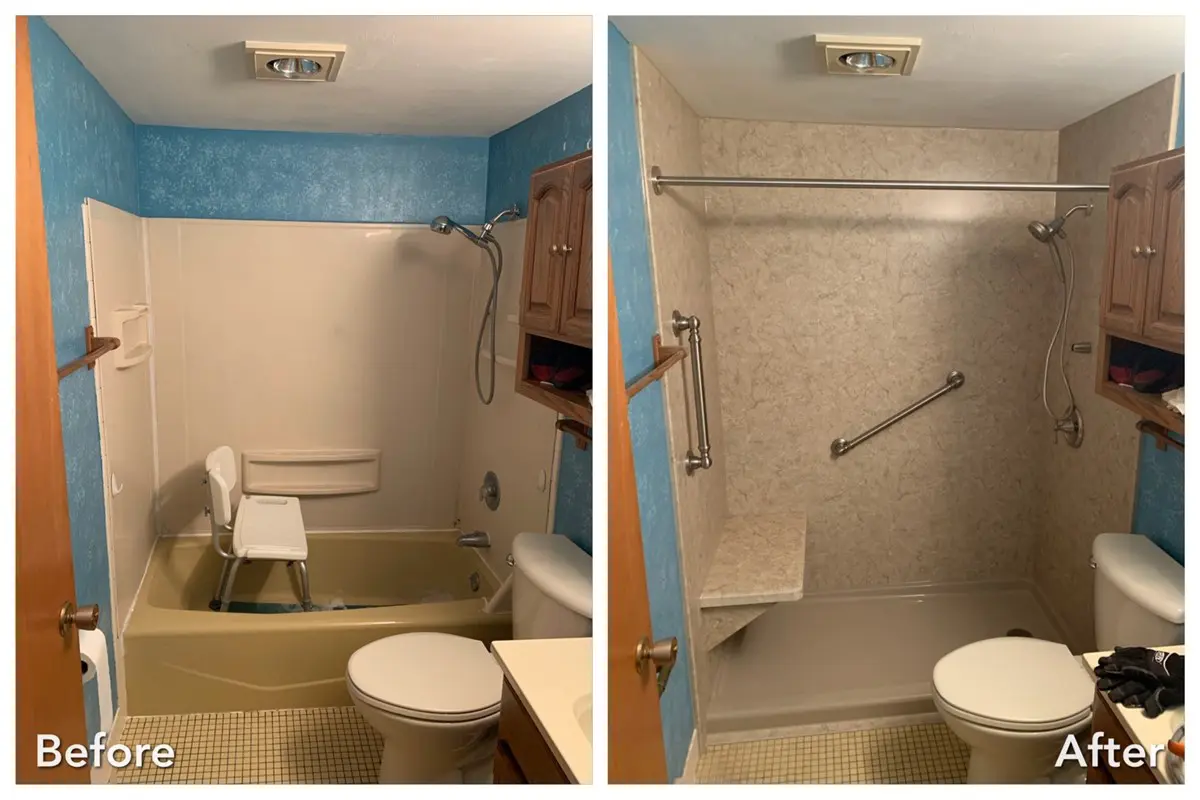 Before and after: Blue Wall Tub to Stone Shower with Grab Bars in Sound Beach, Suffolk County