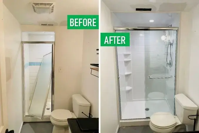 Before and after: Stall Rebuild with Glass Door in East Norwich, Nassau County