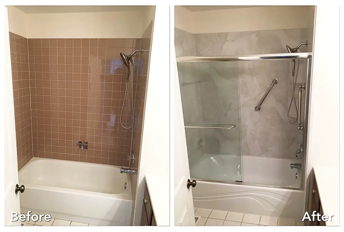 Before and after: Brown Tile to Marble Tub with Glass in Lakeview, Nassau County