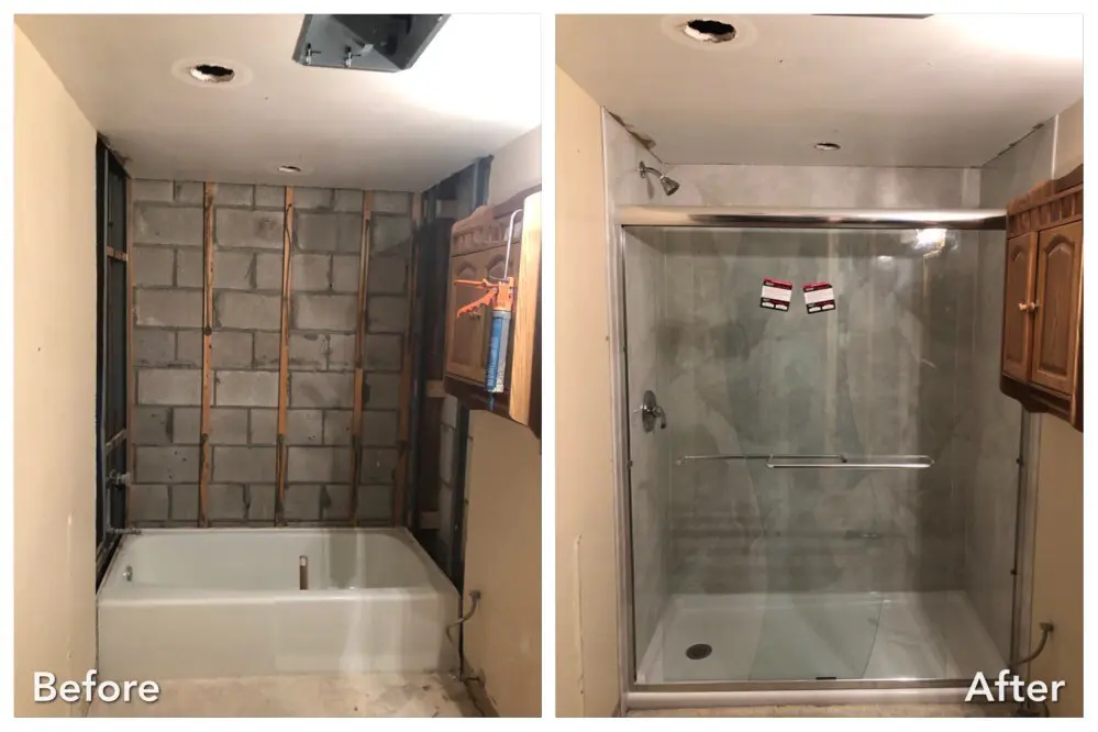 Before and after: Cinder Block to Glass Shower in Yaphank, Suffolk County