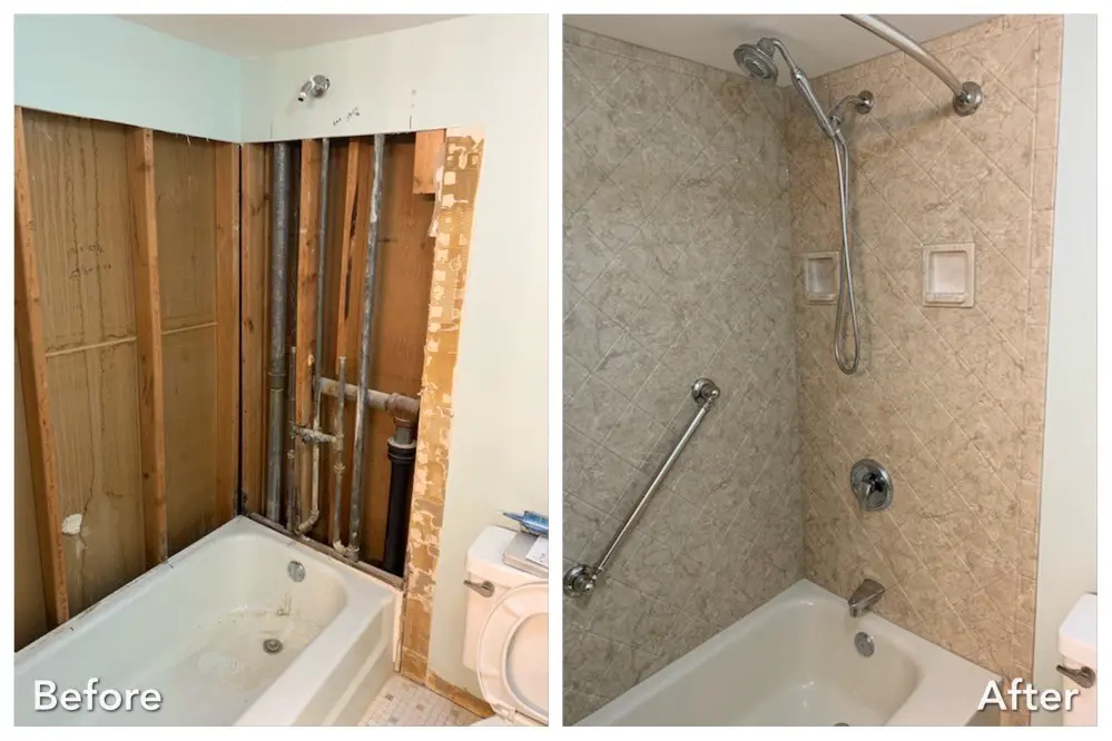 Before and after: Exposed Pipes to Stone Tub Surround in Central Islip, Suffolk County