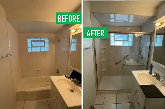 Before and after: Full Bath to Glass Shower in Jericho, Nassau County