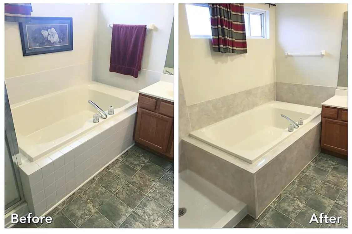 Before and after: Garden Tub to Stone Surround in Garden City Park, Nassau County