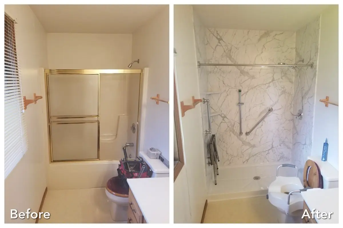 Before and after: Gold Door Tub to Marble Accessible Shower in Roslyn Heights, Nassau County