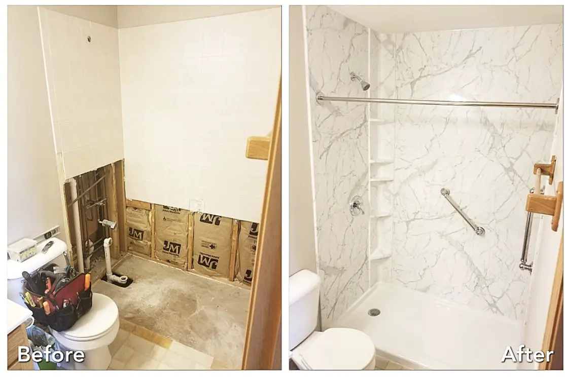 Before and after: Gutted Bath to Marble Walk-In Shower in Lake Grove, Suffolk County