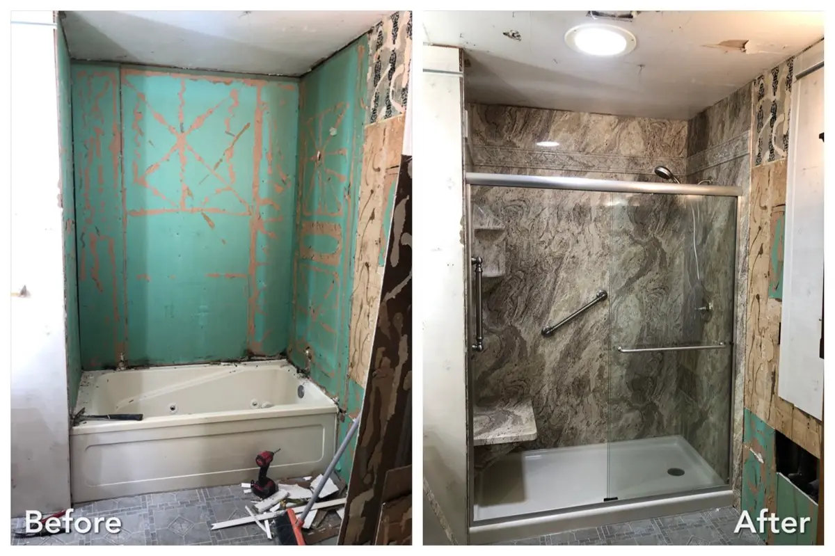 Before and after: Gutted Green Wall to Stone Glass Shower in Ridge, Suffolk County