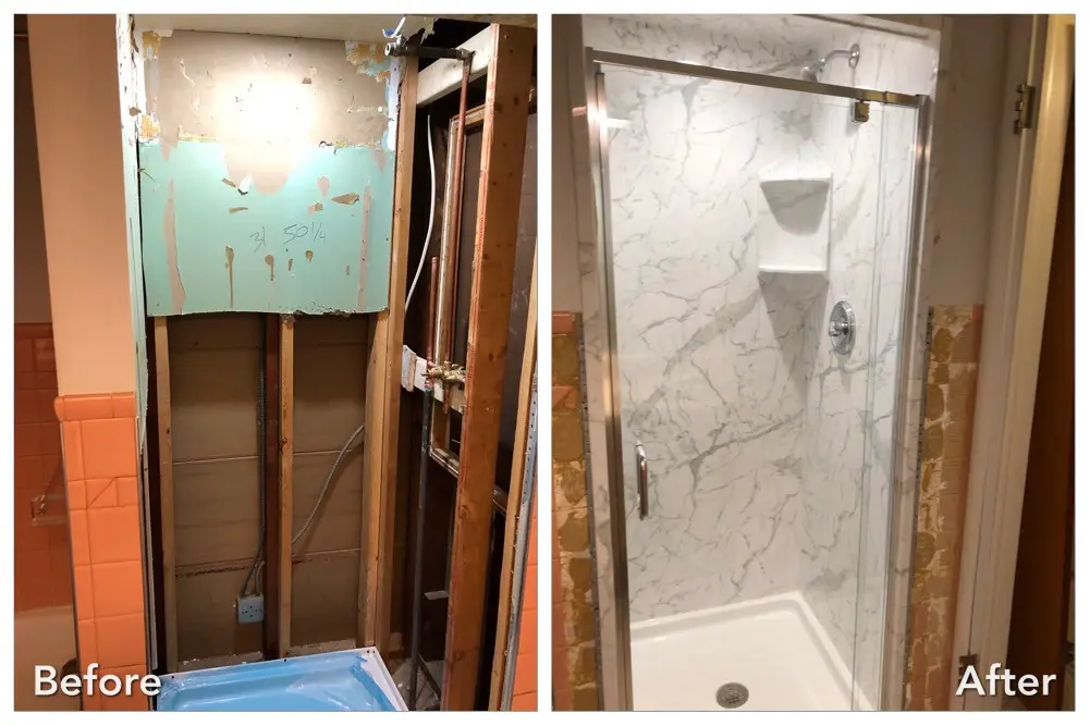 Before and after: Gutted Stall to Marble Glass Door in Port Jefferson, Suffolk County