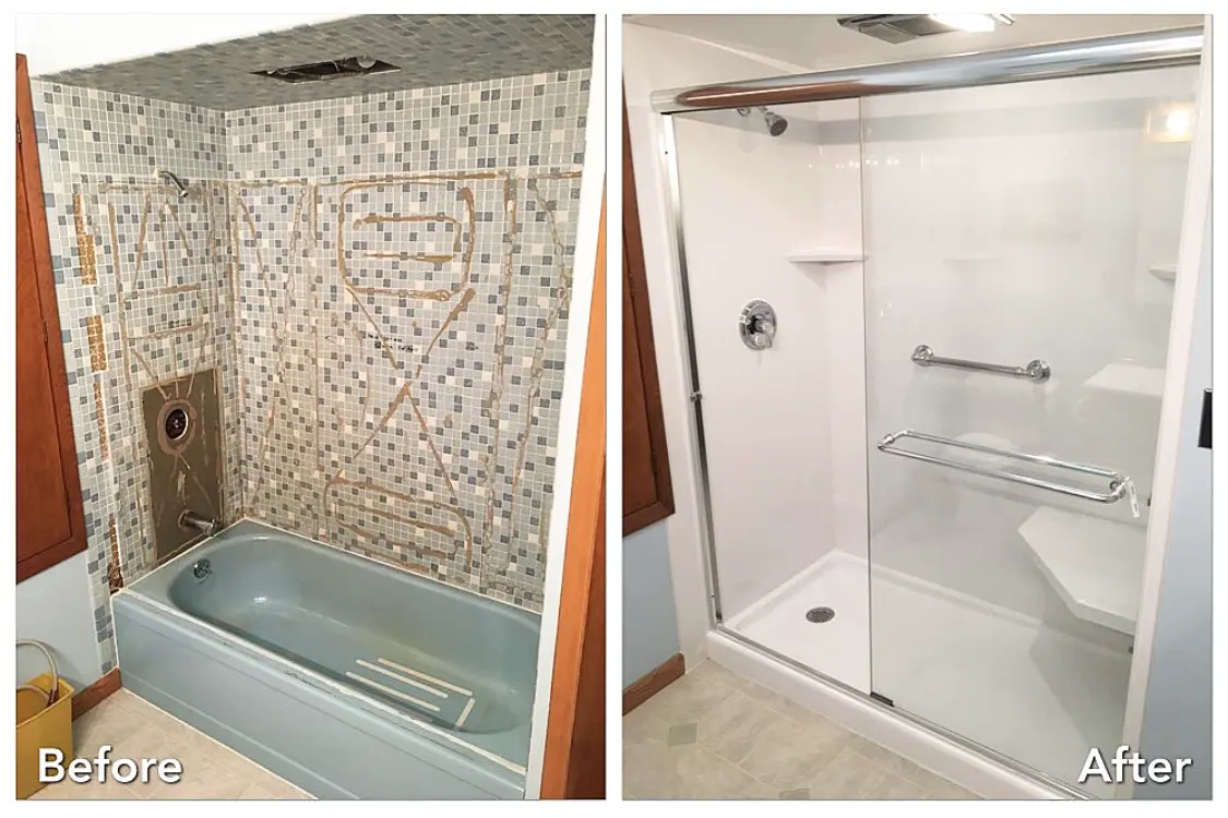 Before and after: Demolished Mosaic Tub to Glass Shower with Bench in Hempstead, Nassau County
