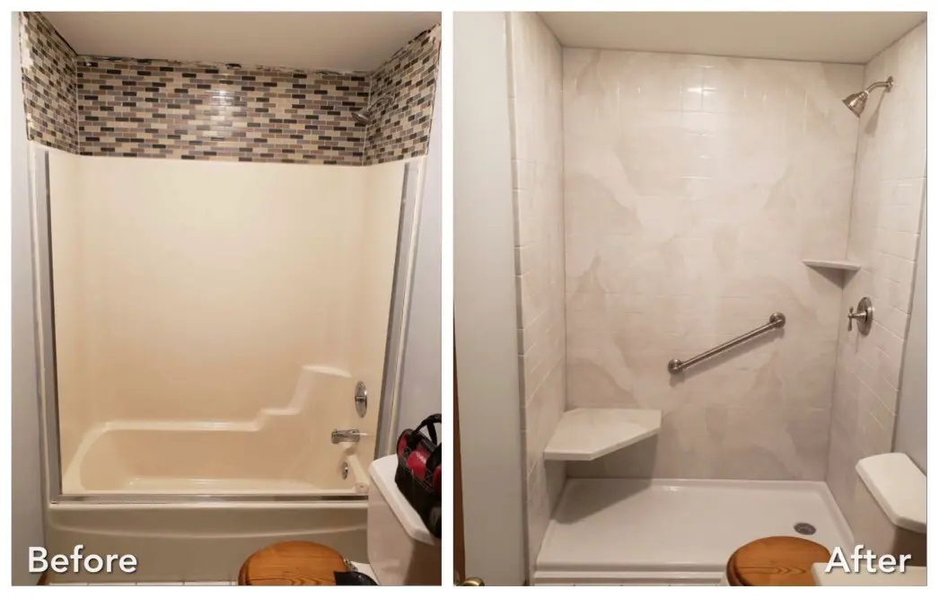 Before and after: Mosaic Tub to Shower with Bench in West Hempstead, Nassau County
