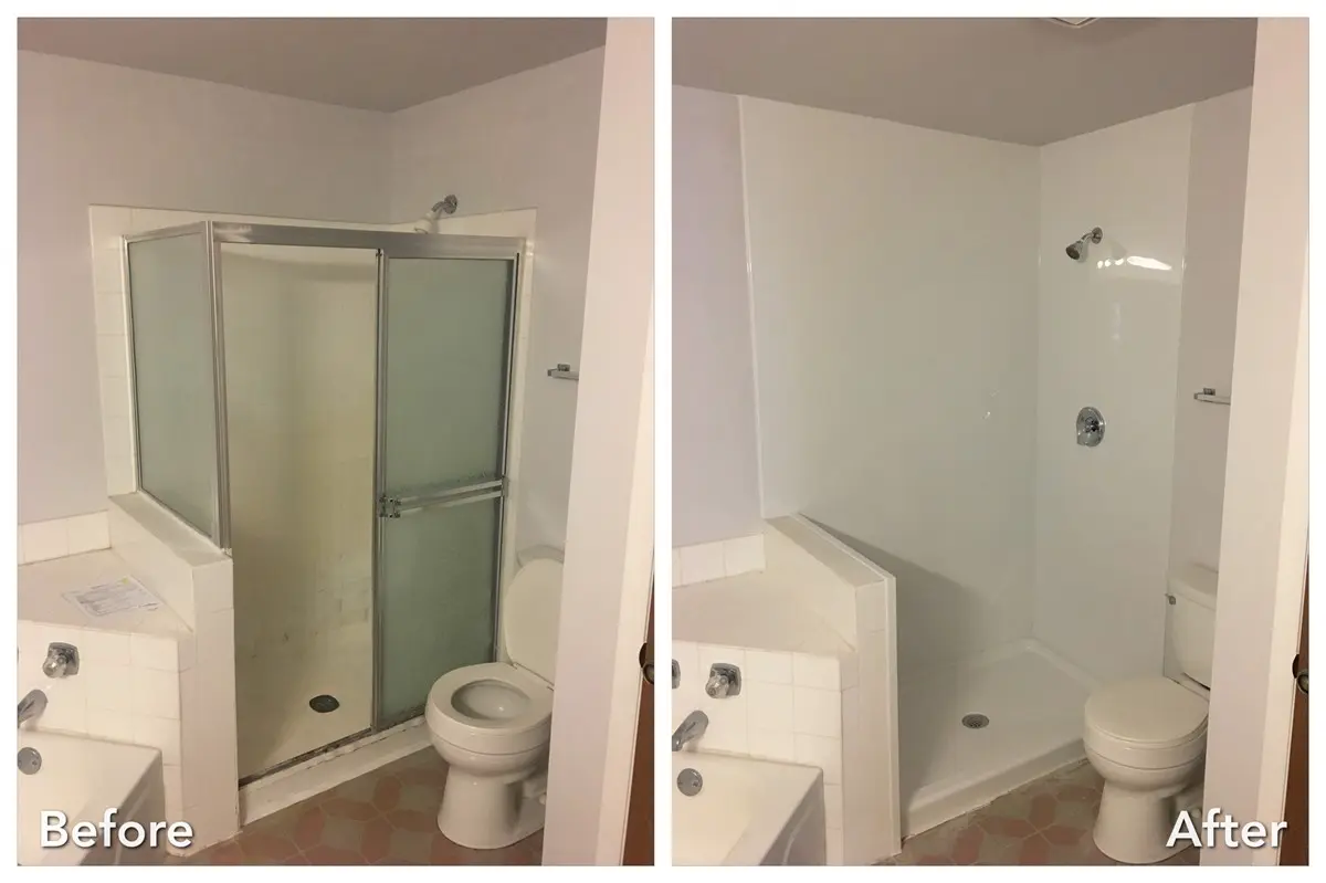 Before and after: Old Stall to Open Shower in Bayport, Suffolk County