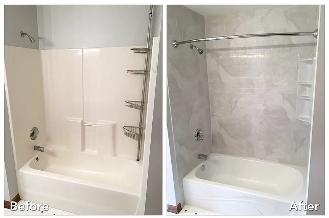 Before and after: Plain Tub to Gray Stone Surround in Holtsville, Suffolk County