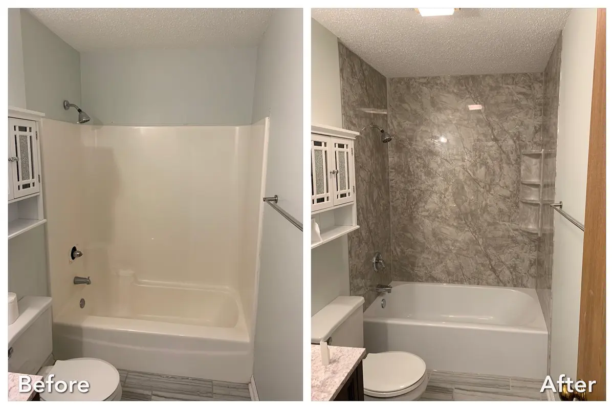 Before and after: Plain Tub to Stone Tub Surround in Williston Park, Nassau County