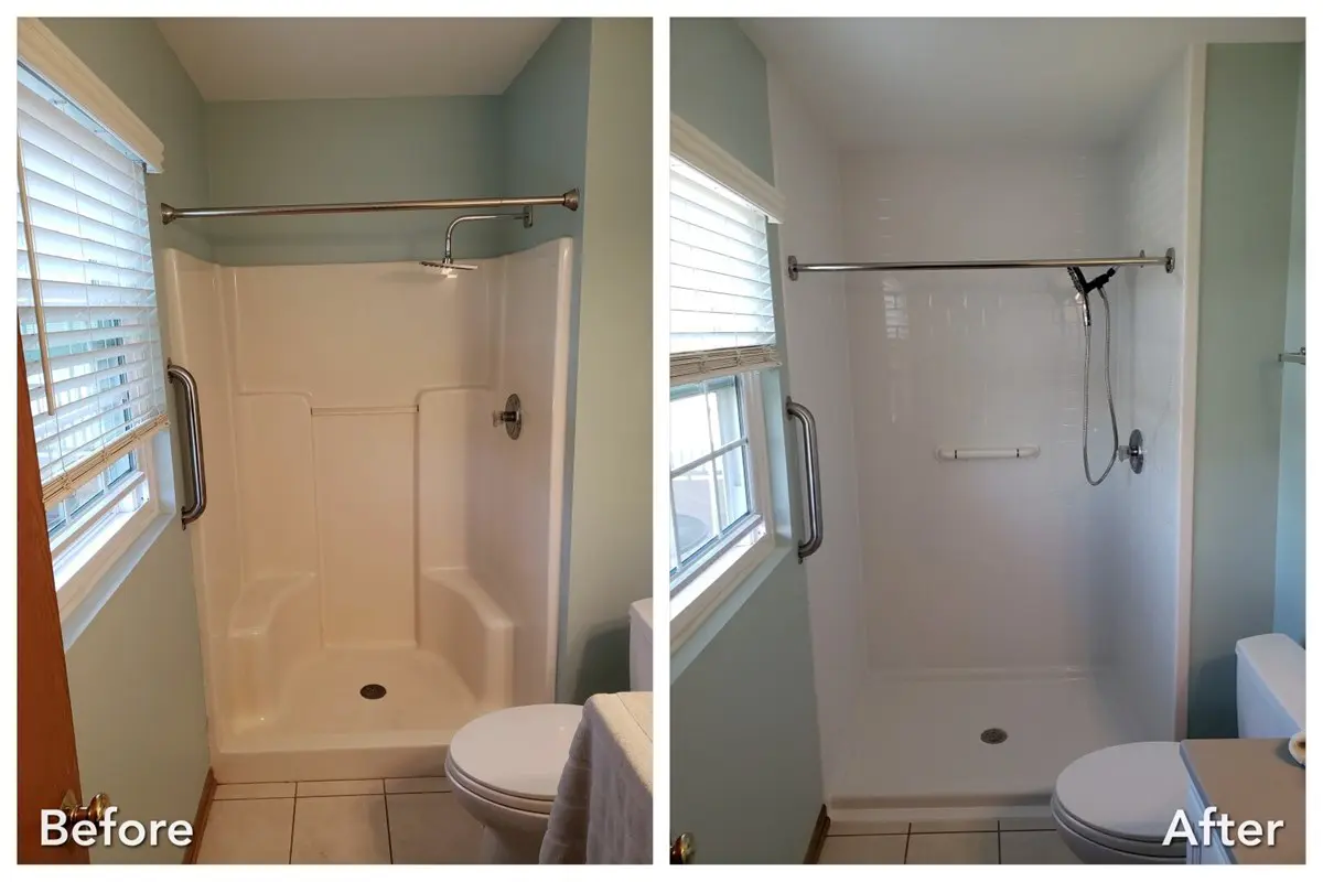 Before and after: Shower Stall to Tile Shower with Grab Bars in Seaford, Nassau County