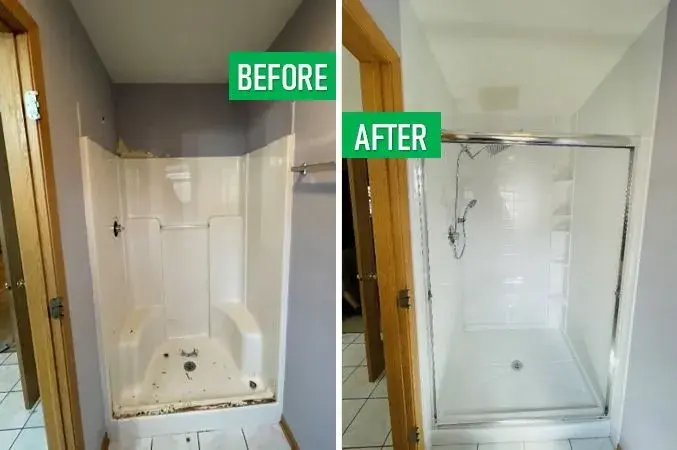 Before and after: Shower Stall to Glass Enclosure in Shirley, Suffolk County