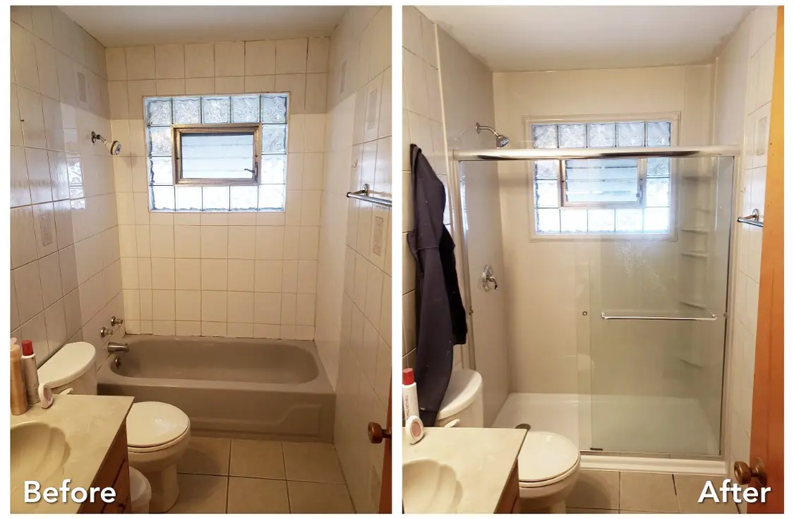 Before and after: Tile Tub to Glass Door Shower with Window in Bellmore, Nassau County