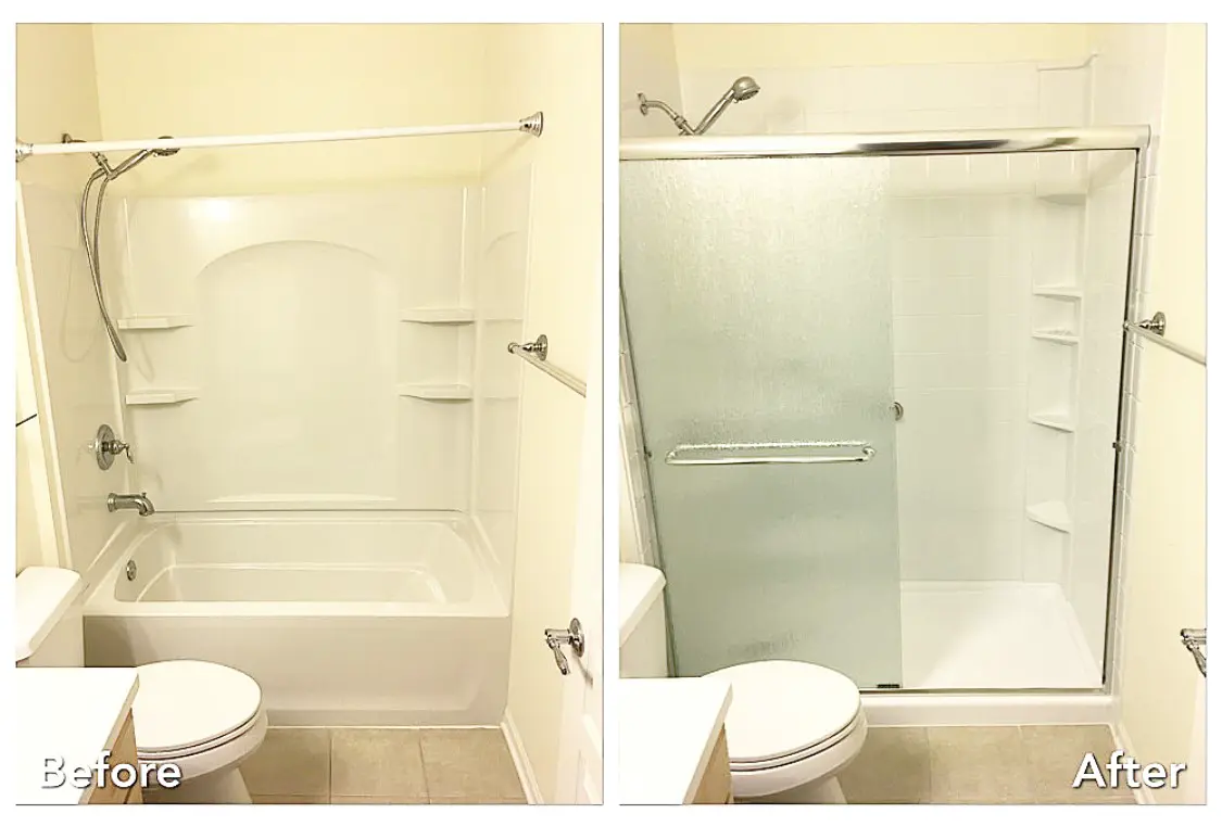 Before and after: Tub-to-Frosted Glass Shower in Setauket, Suffolk County
