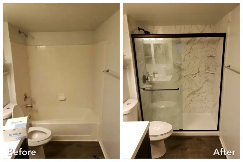 Before and after: Tub-to-Marble Shower with Black Frame in Hewlett, Nassau County