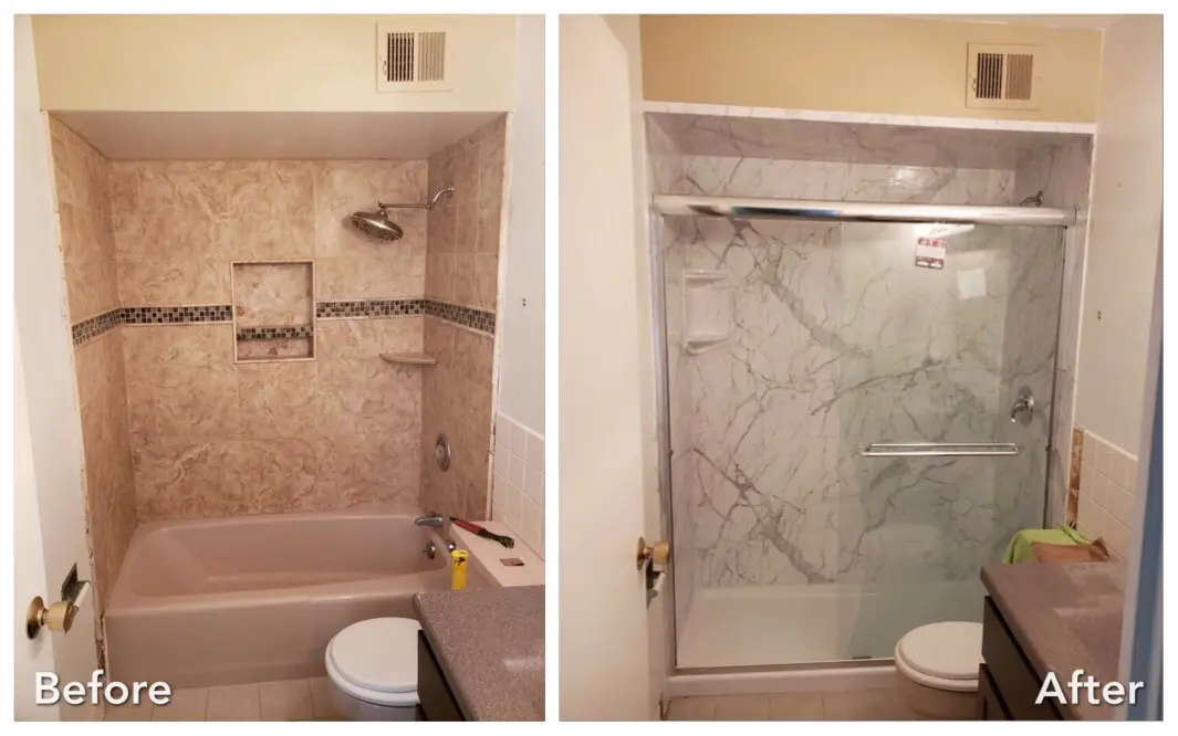 Before and after: Tub-to-Marble Glass Shower in North Bellmore, Nassau County