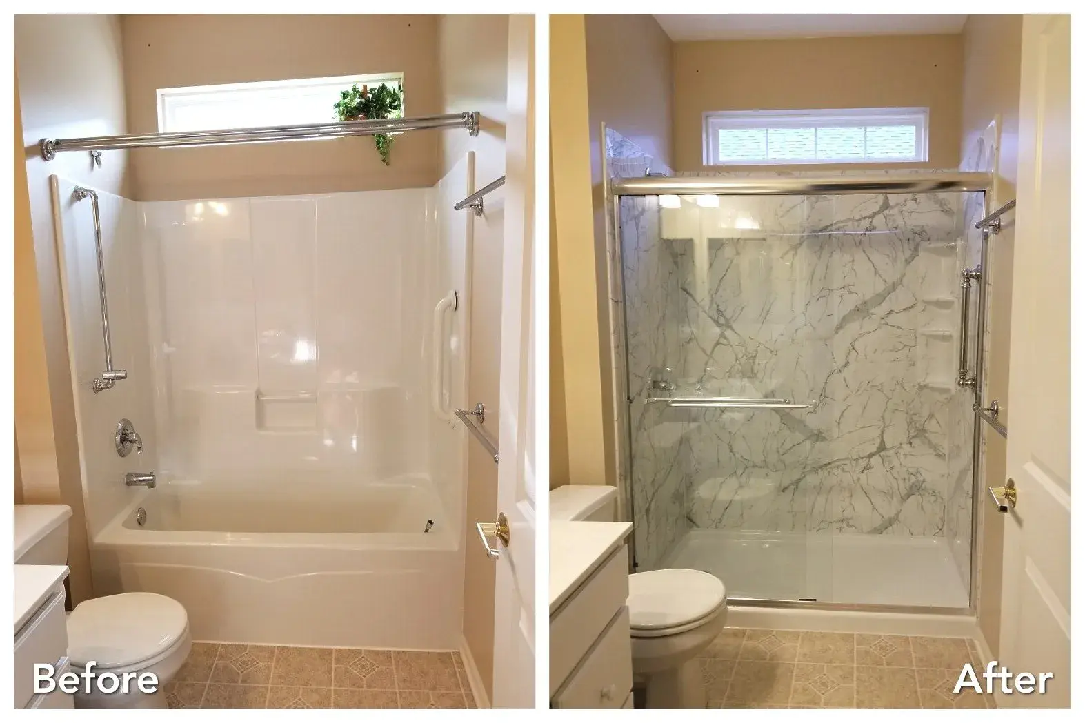 Before and after: Tub-to-Marble Walk-In Shower in Kings Park, Suffolk County