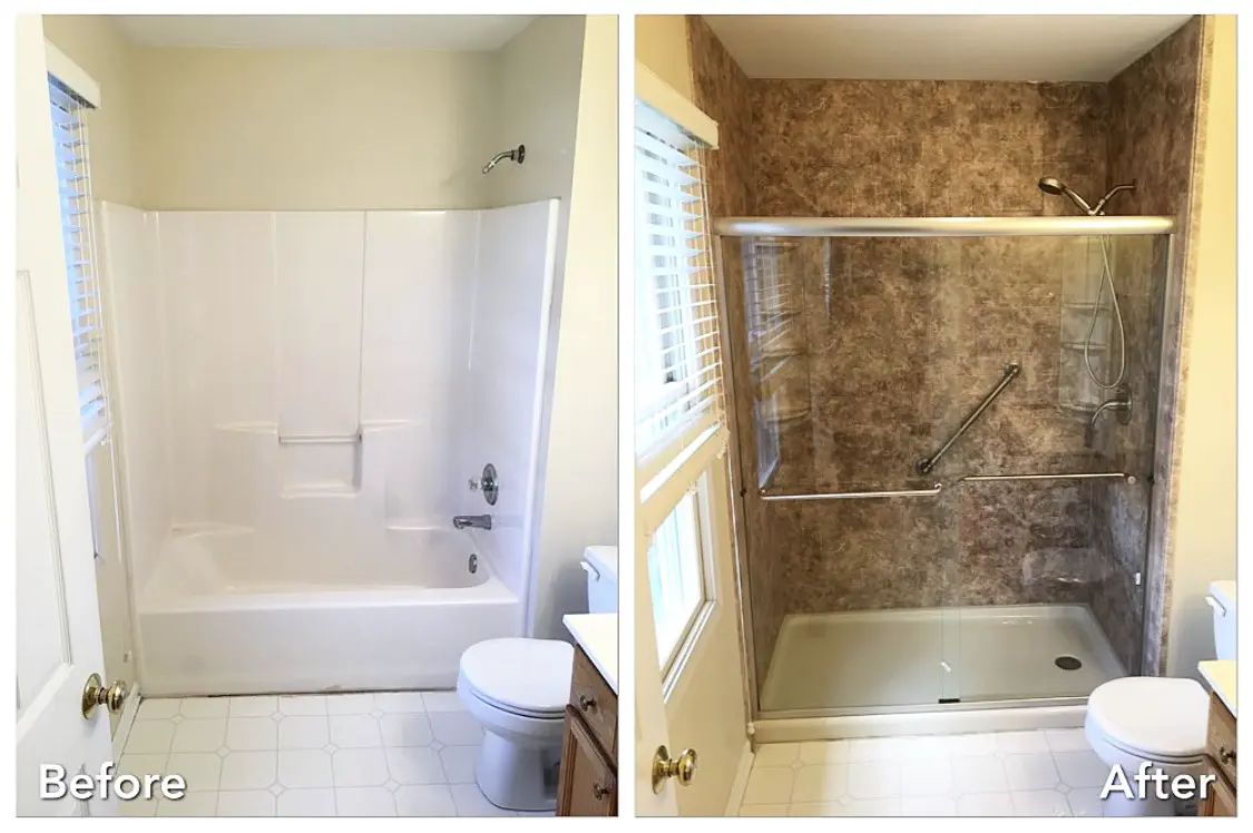 Before and after: Tub-to-Stone Walk-In Shower in Amityville, Suffolk County