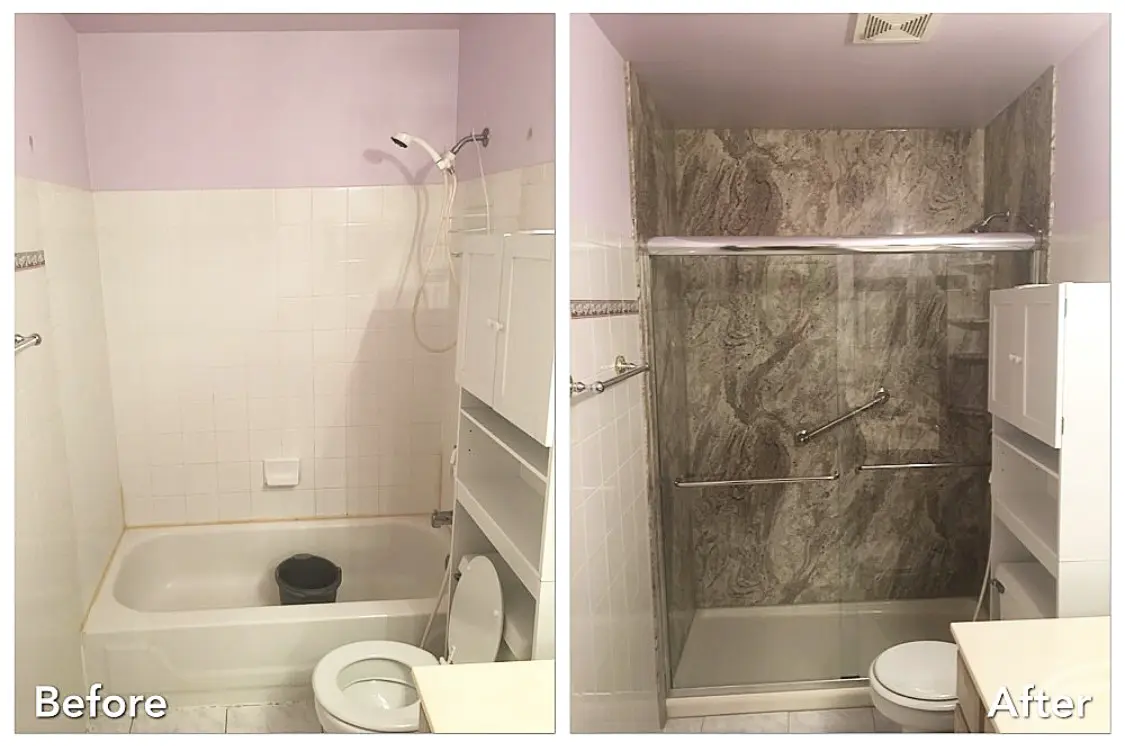 Before and after: Tub-to-Stone Shower with Grab Bars in South Floral Park, Nassau County