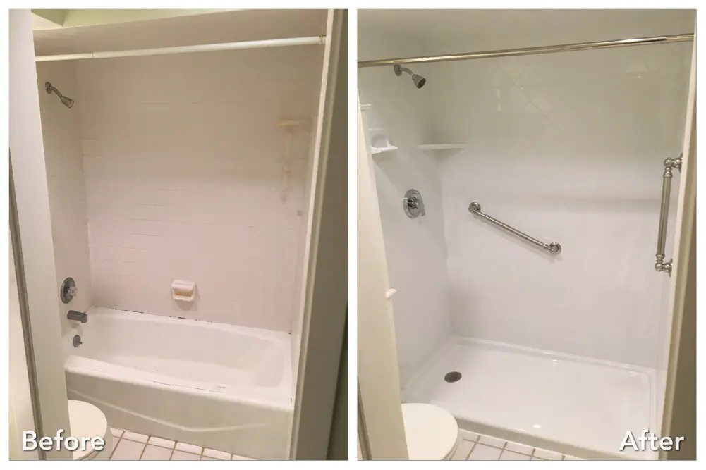 Before and after: Tub-to-White Shower with Grab Bar in Old Bethpage, Nassau County