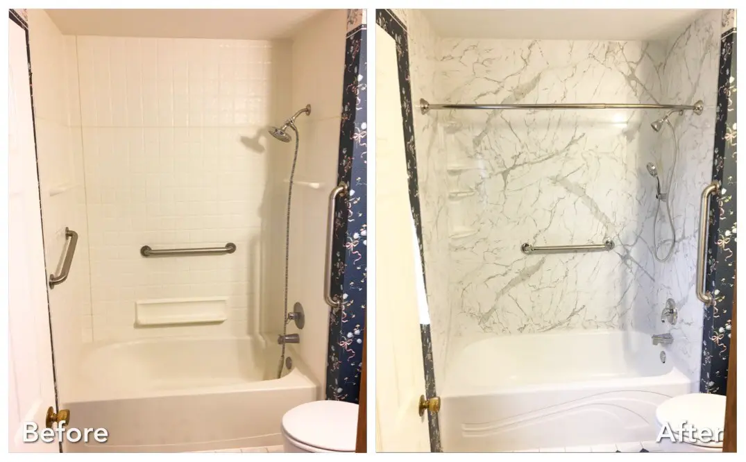 Before and after: White Tile to Marble with Grab Bars in Woodbury, Nassau County