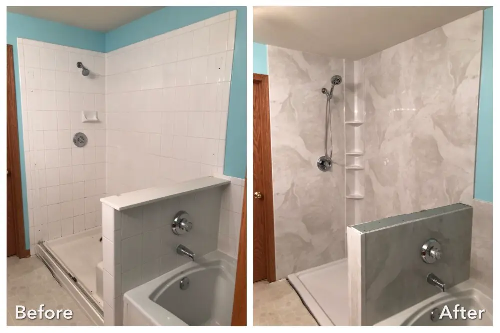 Before and after: White Tile Tub to Marble Surround with Shelving in New Hyde Park, Nassau County